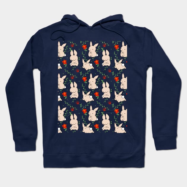 Bunnies and Red Flowers Pattern Hoodie by MaplewoodMerch